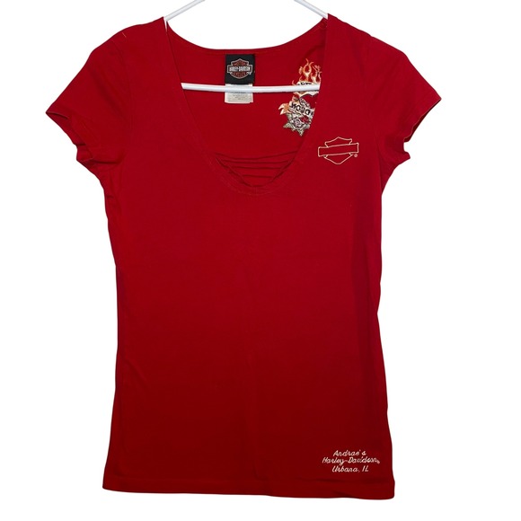 Vintage Harley-Davidson Red Embroidered Short Sleeve V-Neck Tee Y2K Bikercore - Picture 1 of 4